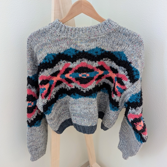 Free People I Heart You Aztec Patterned Wool Blend Sweater In Gray/Pink - Picture 9 of 10